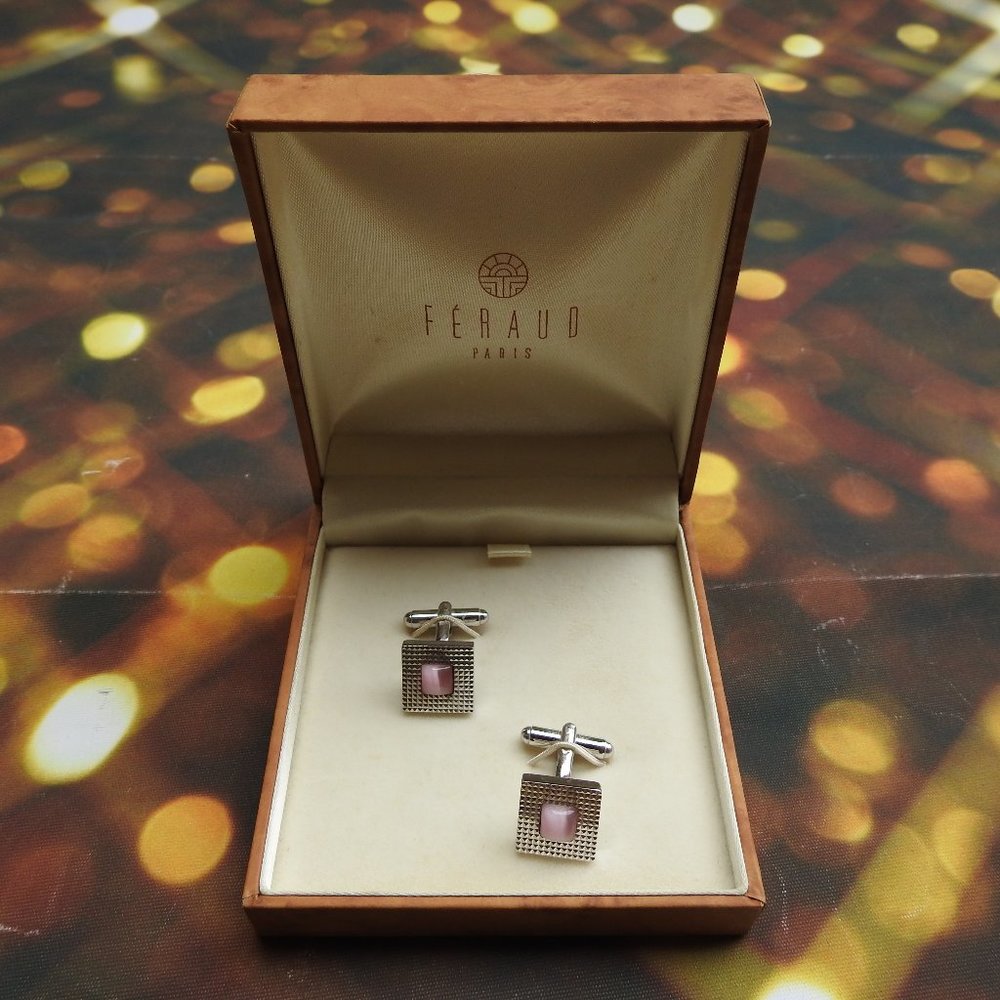 Feraud Paris Cufflinks for Men Women with Pink Natural Crystal Silver  New